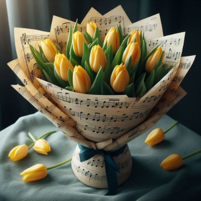 Immagine mazzo di tulipani avvolti da carta con note musicali